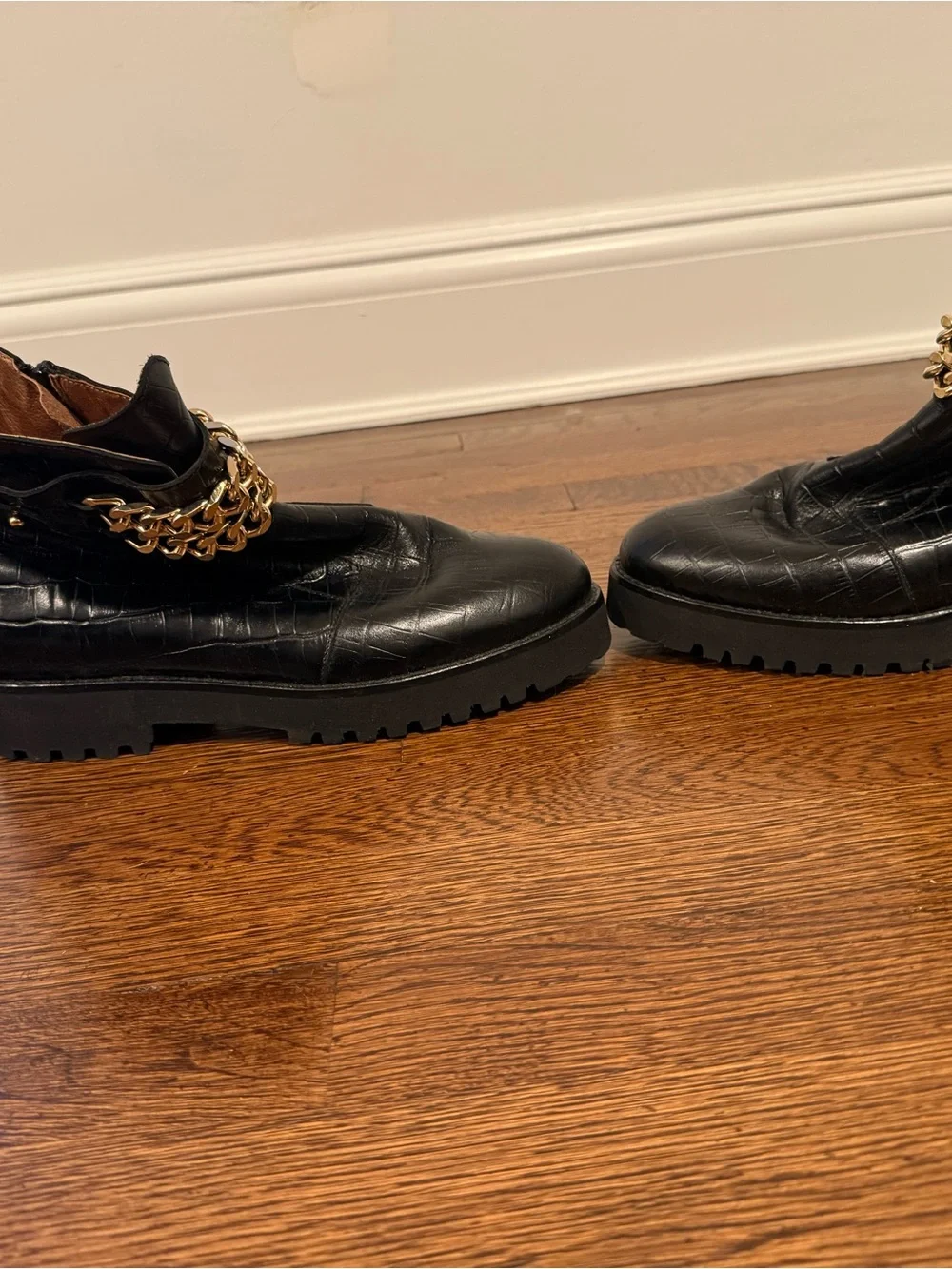 Andre Assous Black Croc-Embossed Ankle Booties with Gold Chain Accent